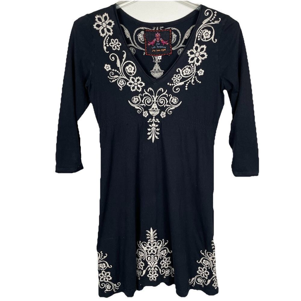 Johnny Was Dress Size Small Black Floral Embroidered V-Neck Boho Fairy Party - Picture 1 of 13